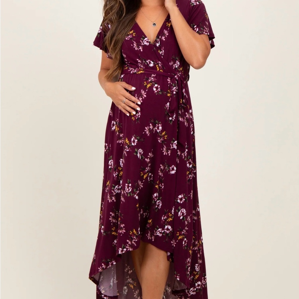 Burgundy Floral Short Sleeve Wrap Hi-Low Maternity Maxi Dress